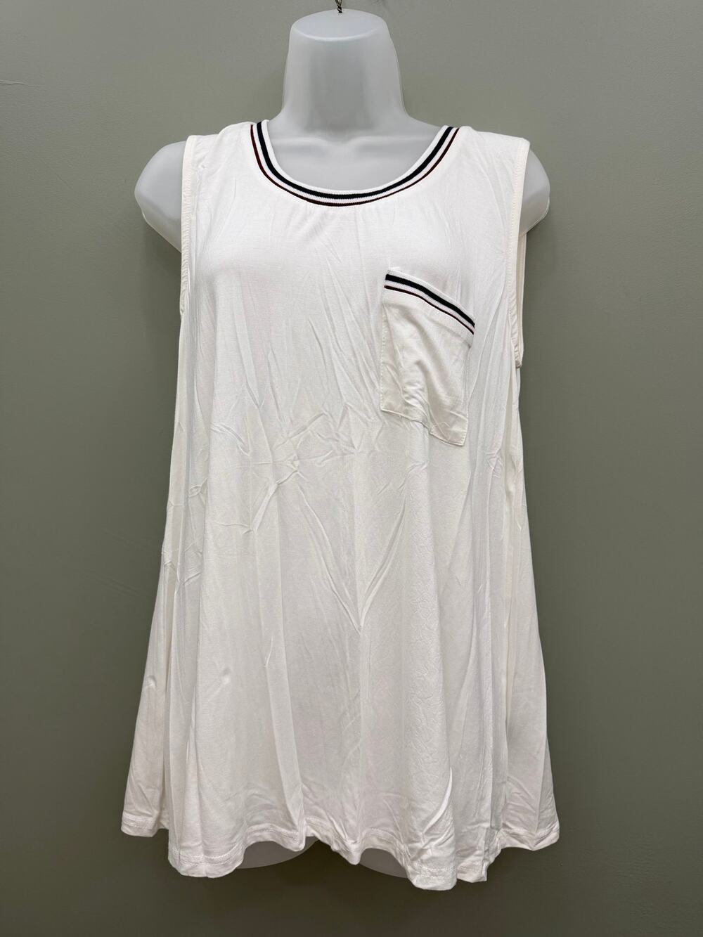 POL White Tank Top M Striped Trim Pocket Relaxed Preppy Varsity Rayon